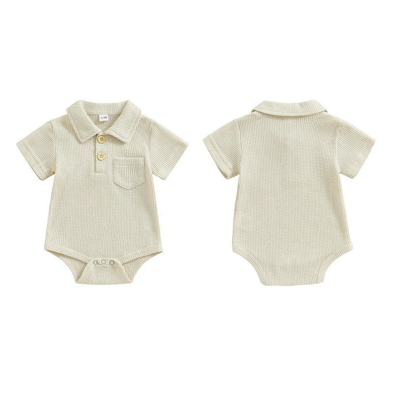 Baby Boys Romper Short Sleeve Lapel Button Up Collar Pocket Solid Color Waffle Casual Bodysuit