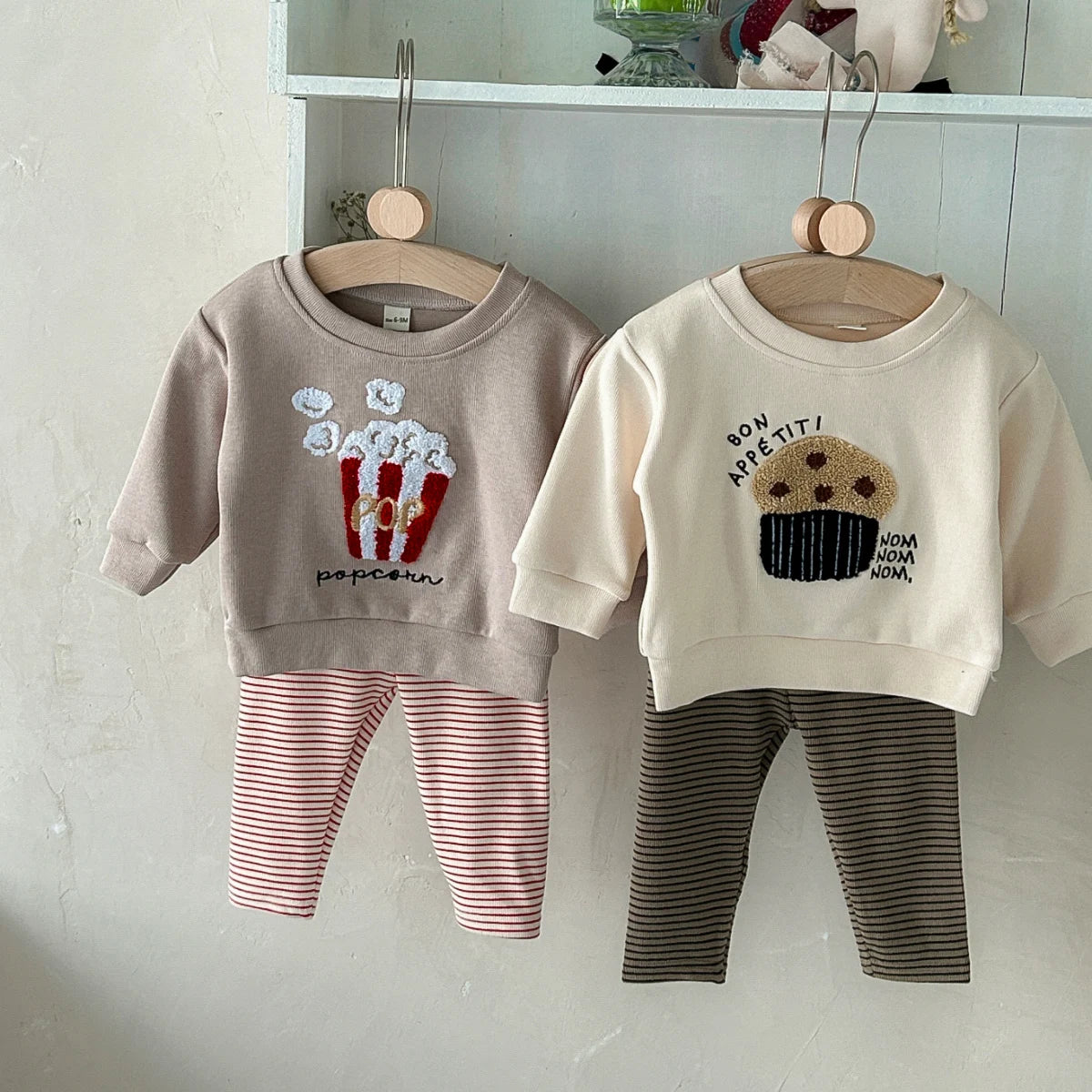 Baby Toddler Girls Boys 2Pcs Popcorn / Muffin Bon Appetit Embroidery Pullover Long Sleeve Top + Pants Set Outfit