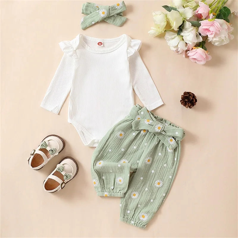 Baby Girl 3Pcs Solid Ribbed Ruffle Romper Long Sleeve Daisy Print Pants and Bow Headband Set