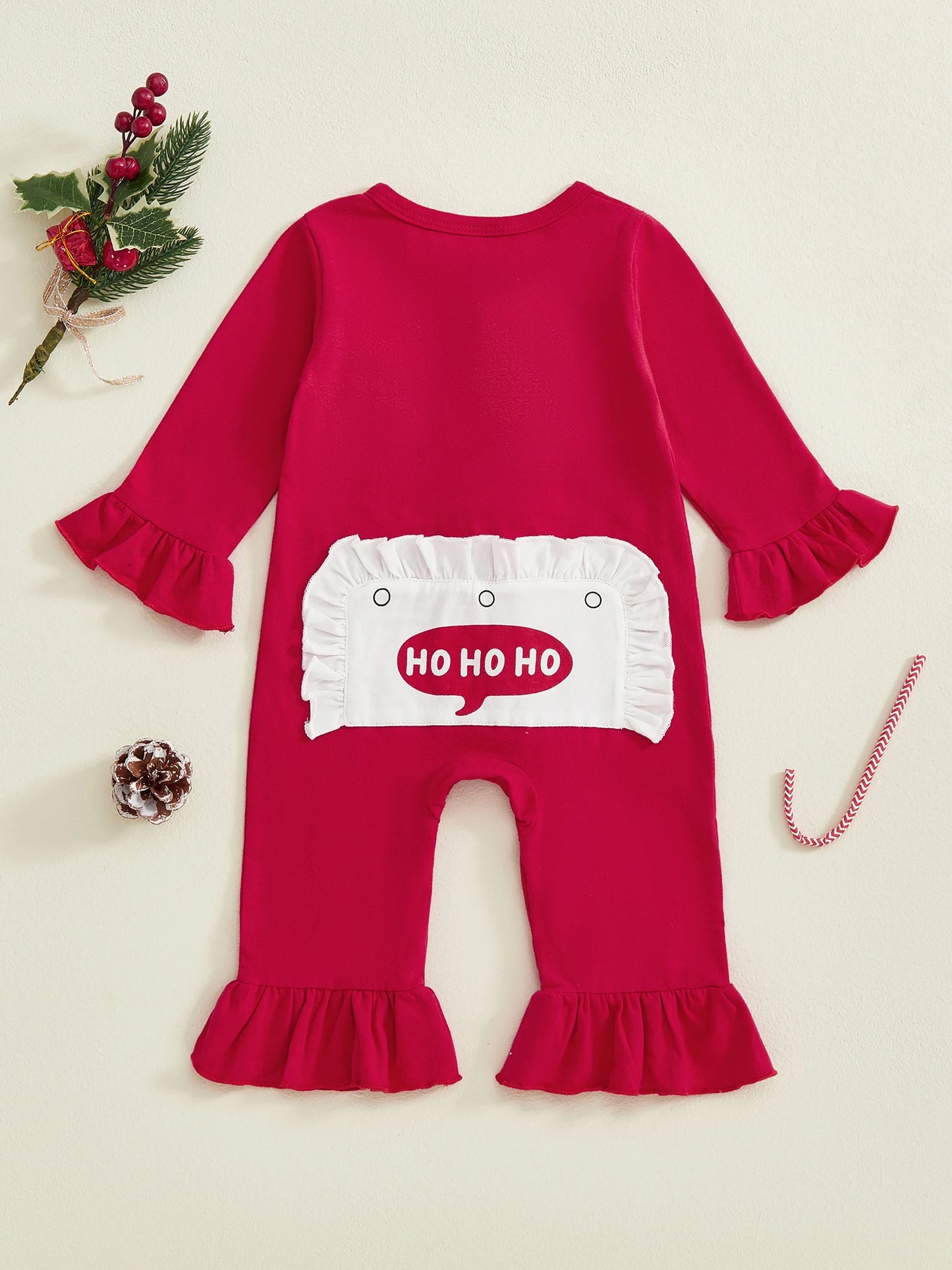 Baby Girl Bell Bottom Romper Fashionable Santa Claus Print Ho Ho Ho Bottom Round Neck Long Sleeve Ruffled Jumpsuit