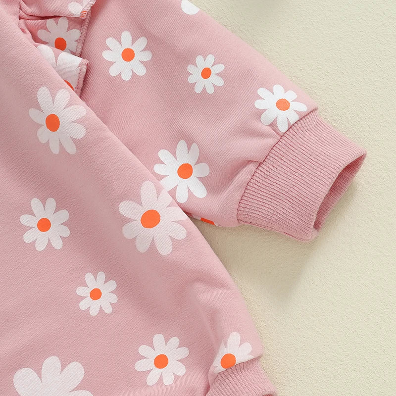 Baby Girl Bubble Romper Flower Daisy Print Round Neck Long Sleeve Jumpsuit