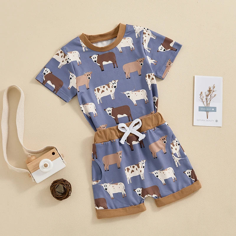 Baby Toddler Boy 2Pcs Farm Outfit Cartoon Animal Chicken Cow Print Short Sleeve Top with Elastic Waist Shorts Set