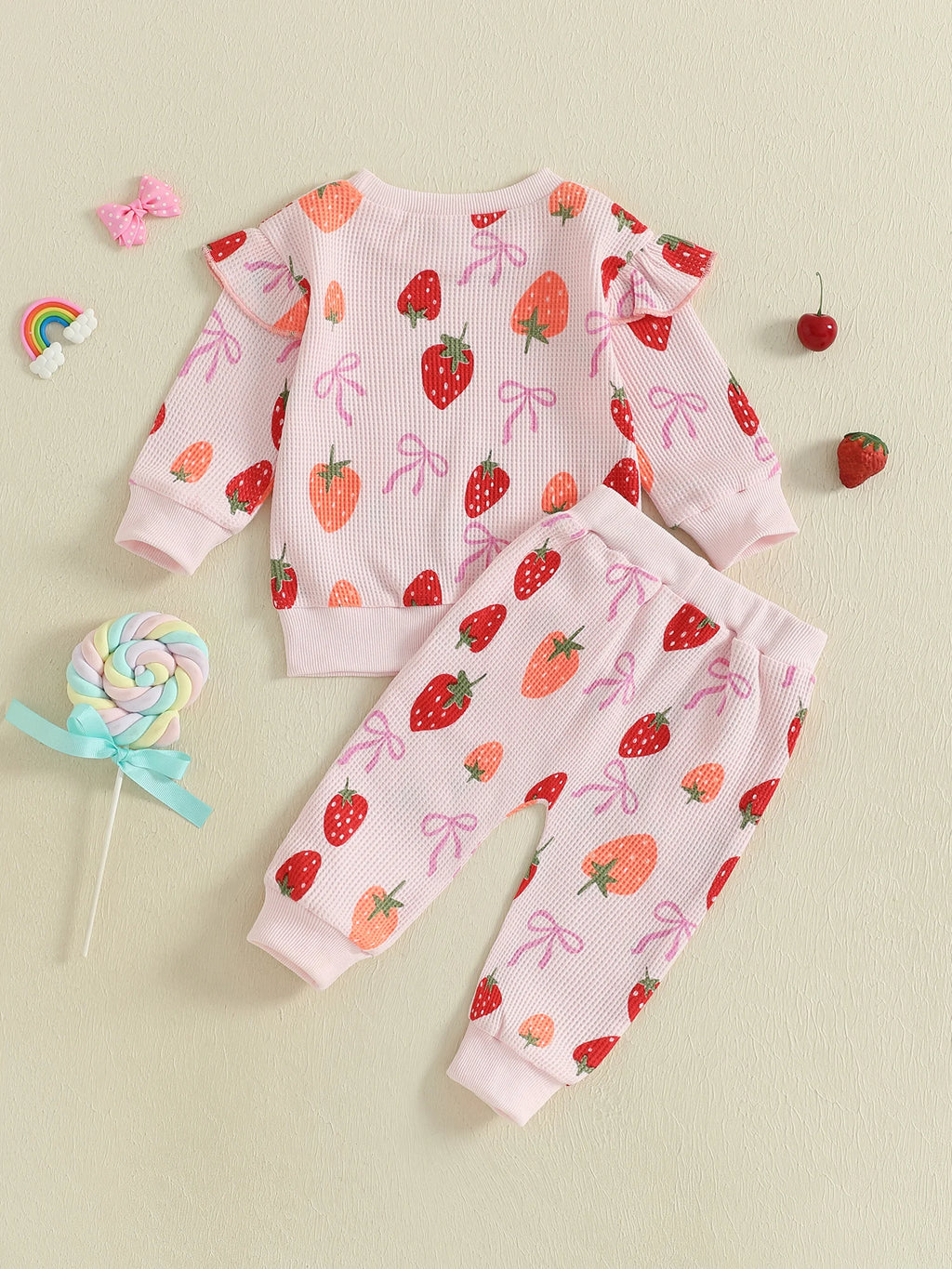Baby Toddler Girls 2Pcs Fall Set Fashionable Strawberry Print Long Sleeve Pullover Top Bow Jogger Pants Outfit