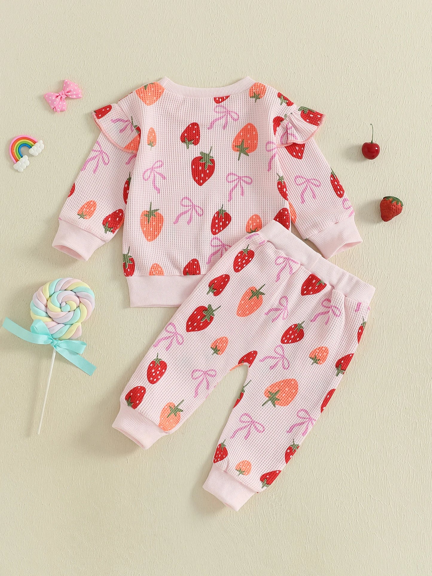 Baby Toddler Girls 2Pcs Fall Set Fashionable Strawberry Print Long Sleeve Pullover Top Bow Jogger Pants Outfit