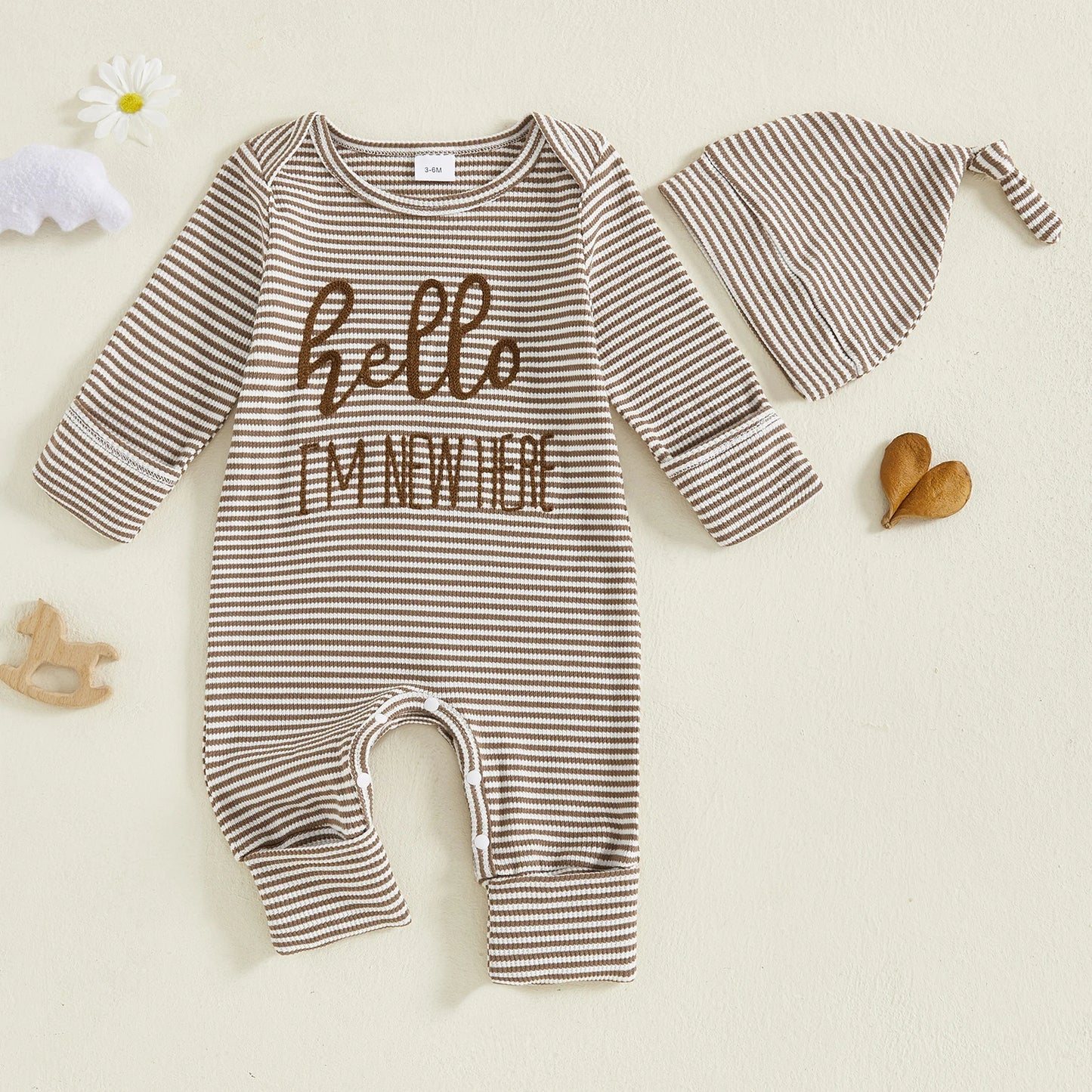 Baby Boy 2Pcs Striped Hello I'm New Here Romper Letters Embroidery Round Neck Long Sleeve Jumpsuit with Hat Set