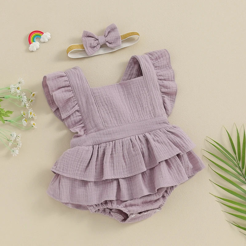 Baby Girls 2Pcs Romper Dress Solid Color Fly Sleeve Skirt Hem Tank Top Bodysuit Summer Clothes with Headband Set