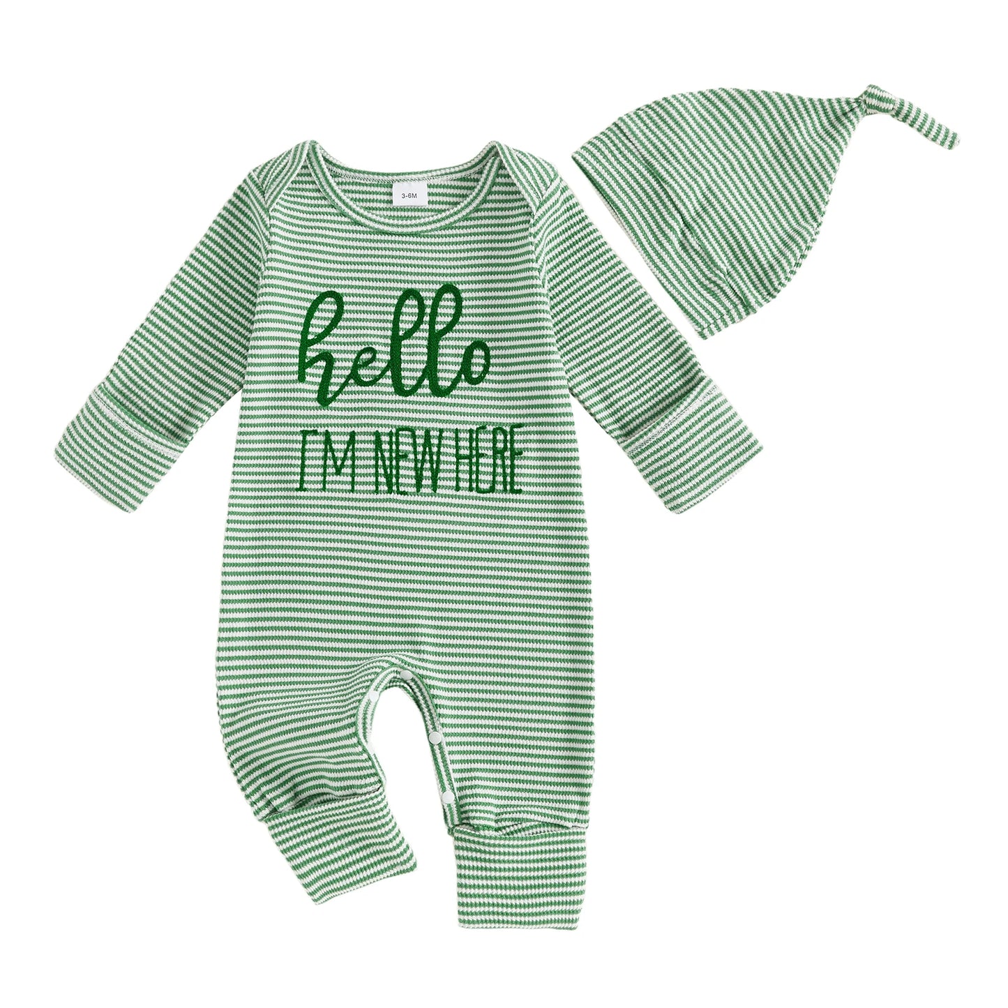 Baby Boy 2Pcs Striped Hello I'm New Here Romper Letters Embroidery Round Neck Long Sleeve Jumpsuit with Hat Set