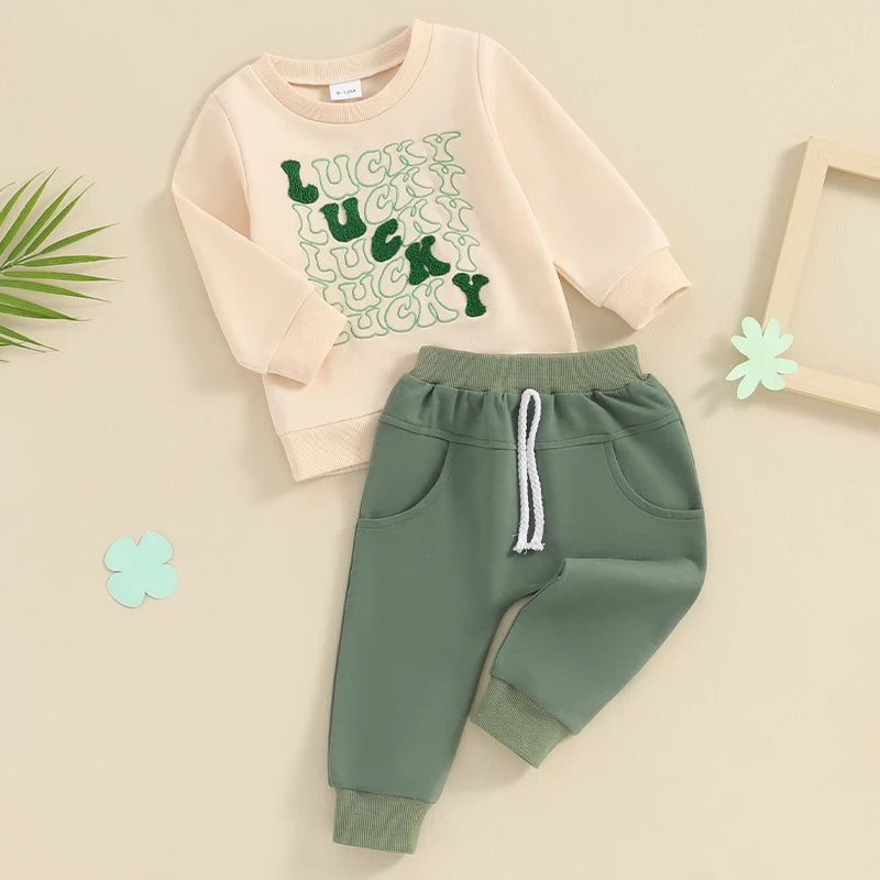 Baby Toddler Boys 2Pcs St. Patrick's Day Outfit Lucky Letter Embroidery Long Sleeve Top and Long Pants Clothes Set