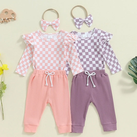 Baby Girls 3Pcs Fall Outfit Checkered Print Long Sleeve Romper Solid Color Long Pants Headband Set