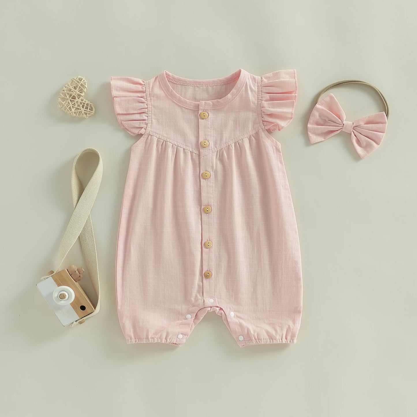 Baby Girl 2Pcs Summer Outfit Solid Flying Sleeve Romper with Bow Headband 2 Piece Set