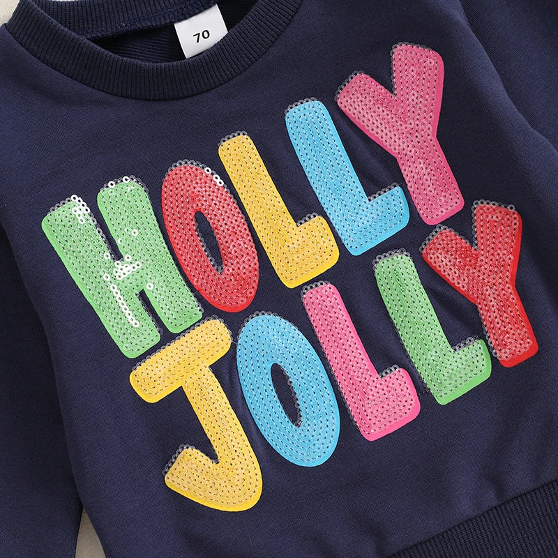 Baby Toddler Kids Boys Girls Holly Jolly Christmas Long Sleeve O Neck Sequins Letter Embroidery Pullover Top