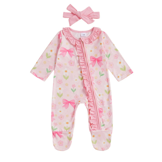 Baby Girl 2Pcs Footed Zipper Romper Floral Bow Print Long Sleeve Zip Up Round Neck Ruffled Jumpsuit with Headband Set