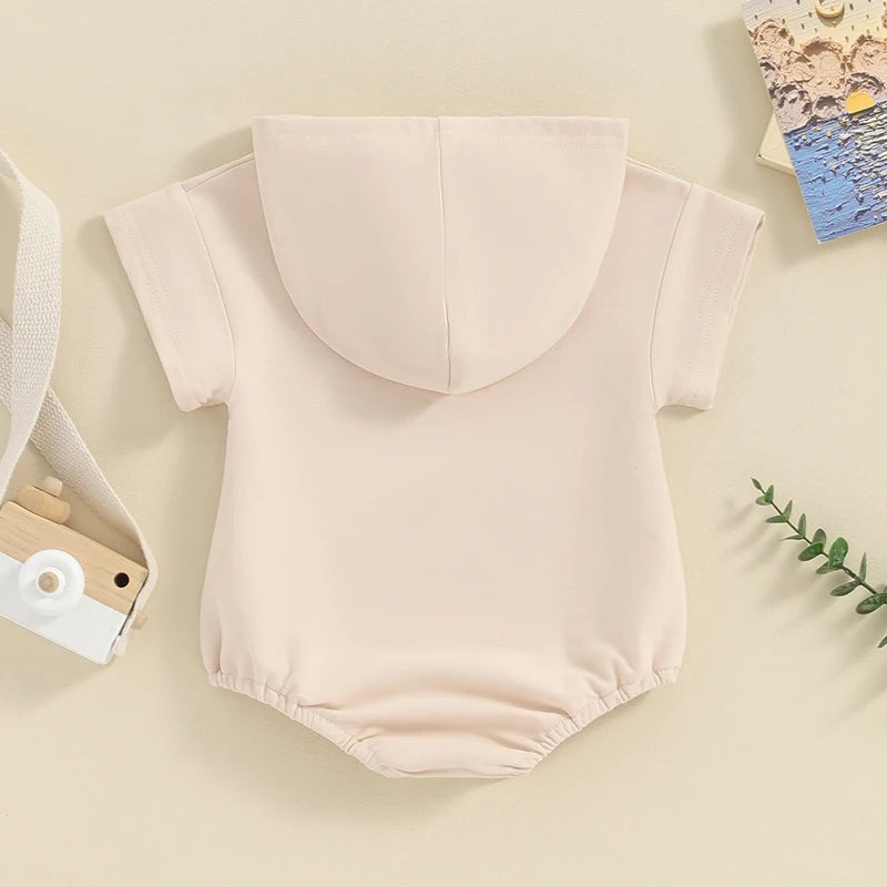 Baby Boy Girl Solid Color Hooded Bodysuit Oversized Short Sleeve Bubble Jumpsuit Pocket Spring Summer Clothes