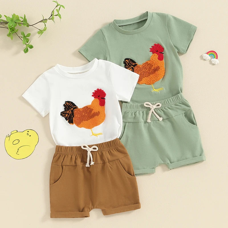 Baby Toddler Kids Boys 2Pcs Outfit Chicken Rooster Short Sleeve Top and Elastic Shorts  Set