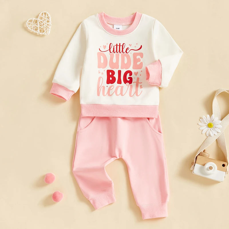 Baby Toddler Girls 2Pcs Little Dude Big Heart / Daddy's Sweetheart Outfit Letter Heart Print Long Sleeve Crewneck Top with Solid Color Pants Valentines Jogger Set Valentine's Day