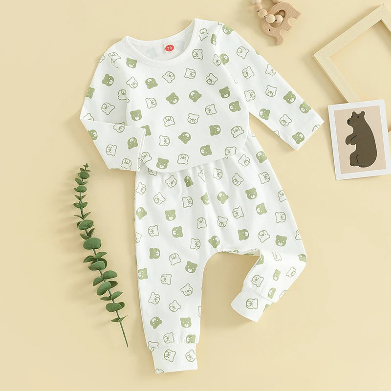 Baby Toddler Boys Girls 2Pcs Bear Print Outfit Long Sleeve Crewneck Romper Elastic Pants Set