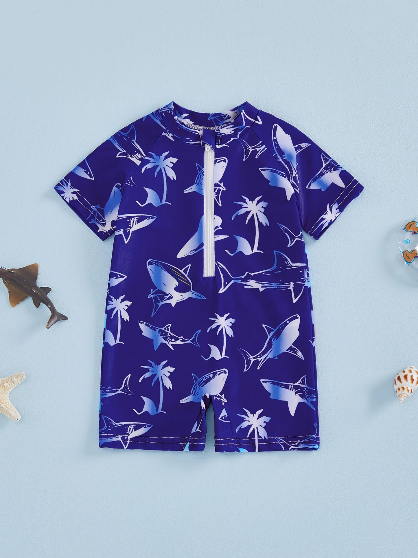 Baby Toddler Boys Rash Guard Swimsuits Cute Shark Animal Printed Short Sleeve Swimwear Romper