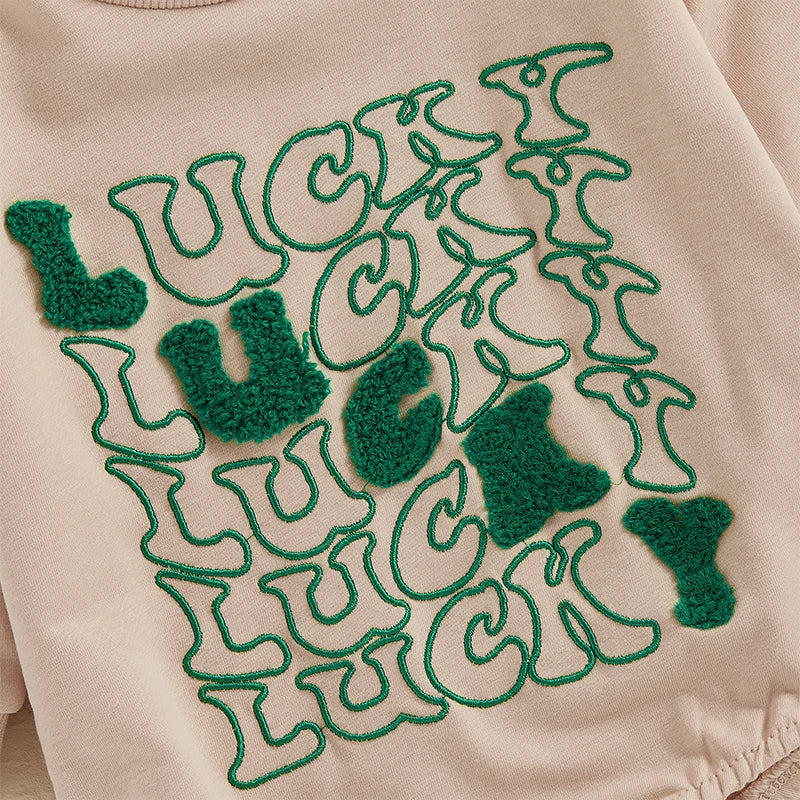 Baby Boy Girl Lucky Bubble Romper Letter Embroidery Long Sleeve Bubble Jumpsuit Irish Clothes St.Patrick's Day Bodysuit