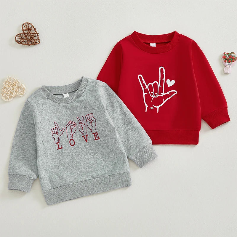 Baby Toddler Girls Boys Love Hand Sign Language Heart Print Long Sleeve Pullover Valentine's Day Valentines Top