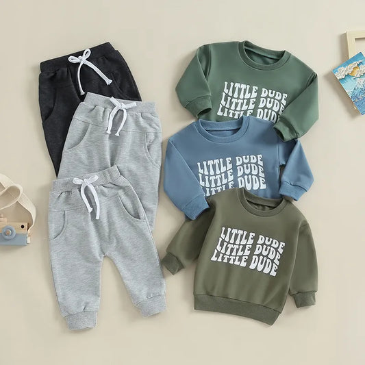 Baby Toddler Boy 2Pcs Fall Outfits Long Sleeve Letter Little Dude Print Pullover + Elastic Waist Pants Set