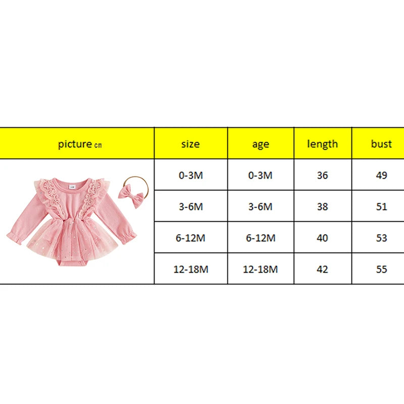 Baby Girls 2Pcs Outfit Ruffle Sequin Tulle Long Sleeve Romper Dress Tutu and Headband Bow Set