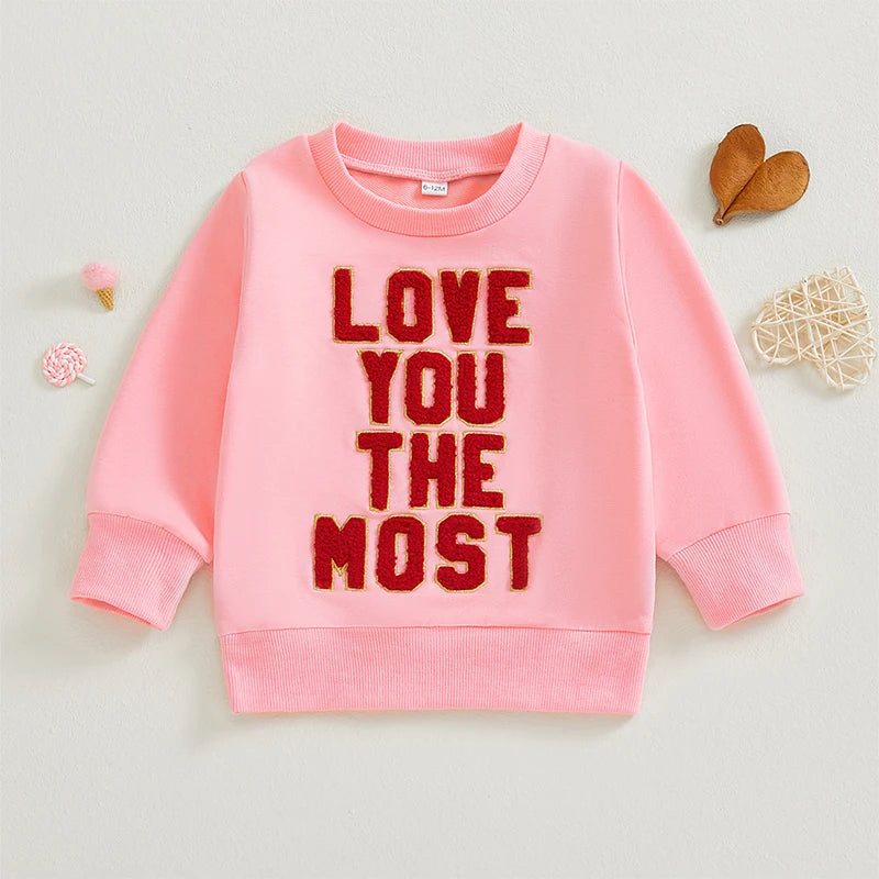 Baby Toddler Girls Boys Love You The Most Valentine's Day Letter Embroidery Long Sleeve Pullover Casual Top Valentines