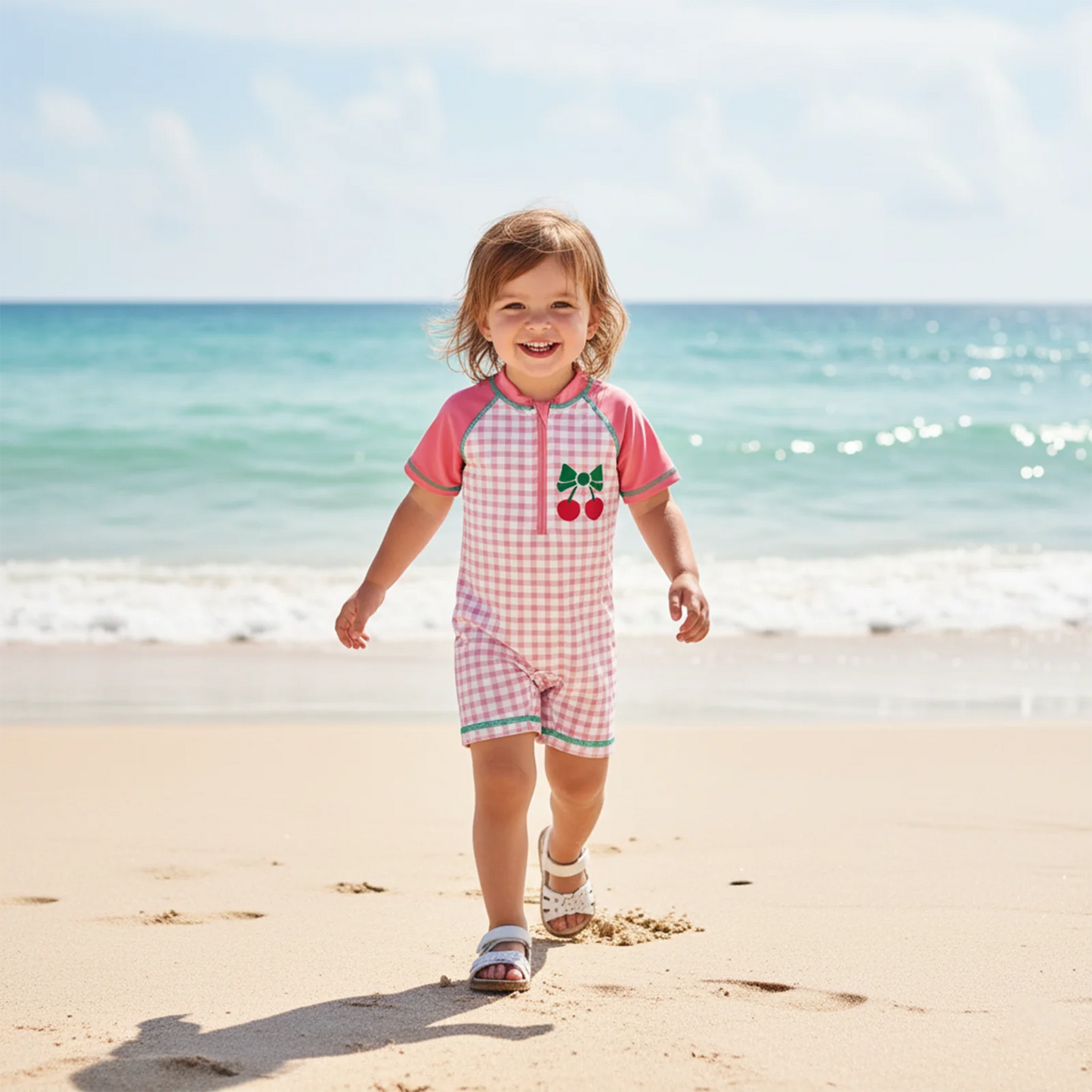 Baby Toddler Girls Rash Guard Swimsuit Plaid Contrast Color Cherry Zip Up Short Sleeve Baby Girls Swimwear Bathing Suit