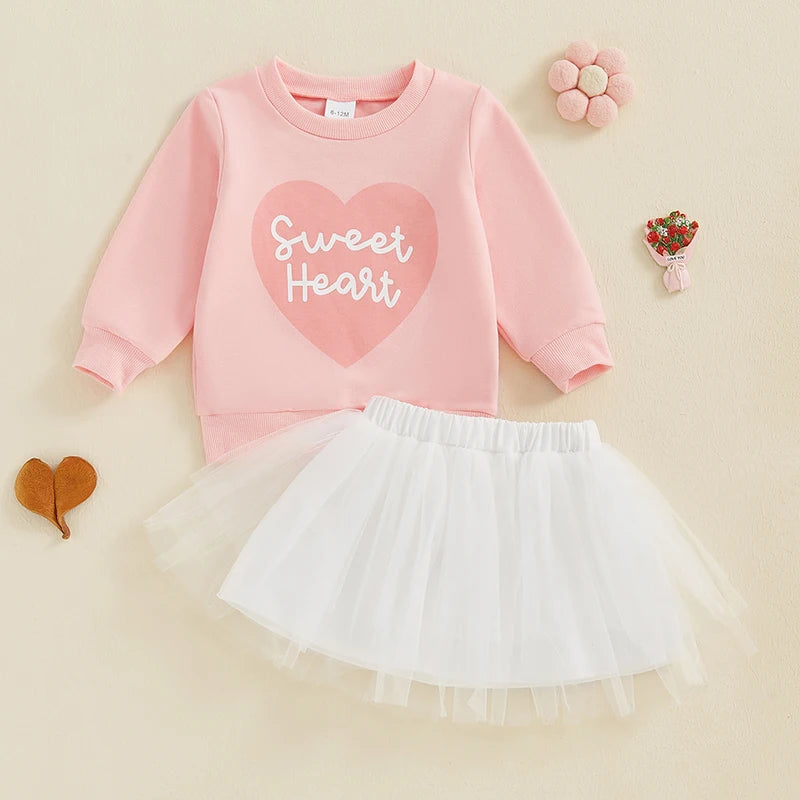 Baby Toddler Girls 2Pcs Valentine's Day Outfit Sweet Heart Letter Print O-Neck Long Sleeve Top Layered Tulle Tutu Skirt Clothes Set