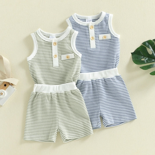 Baby Toddler Boys 2Pcs Summer Outfit Contrast Color Striped Half Button Up Crew Neck Sleeveless Tank Top and Shorts Set