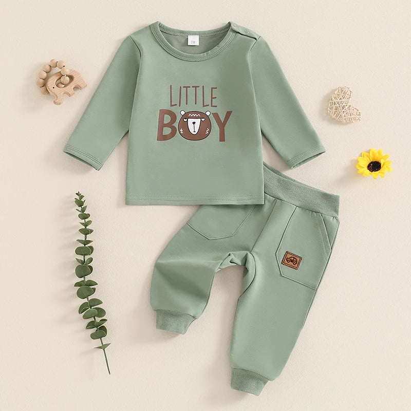 Baby Toddler Boys 2Pcs Little Boy Letter Print Long Sleeve Round Neck Top Pockets Long Pants Outfit Set