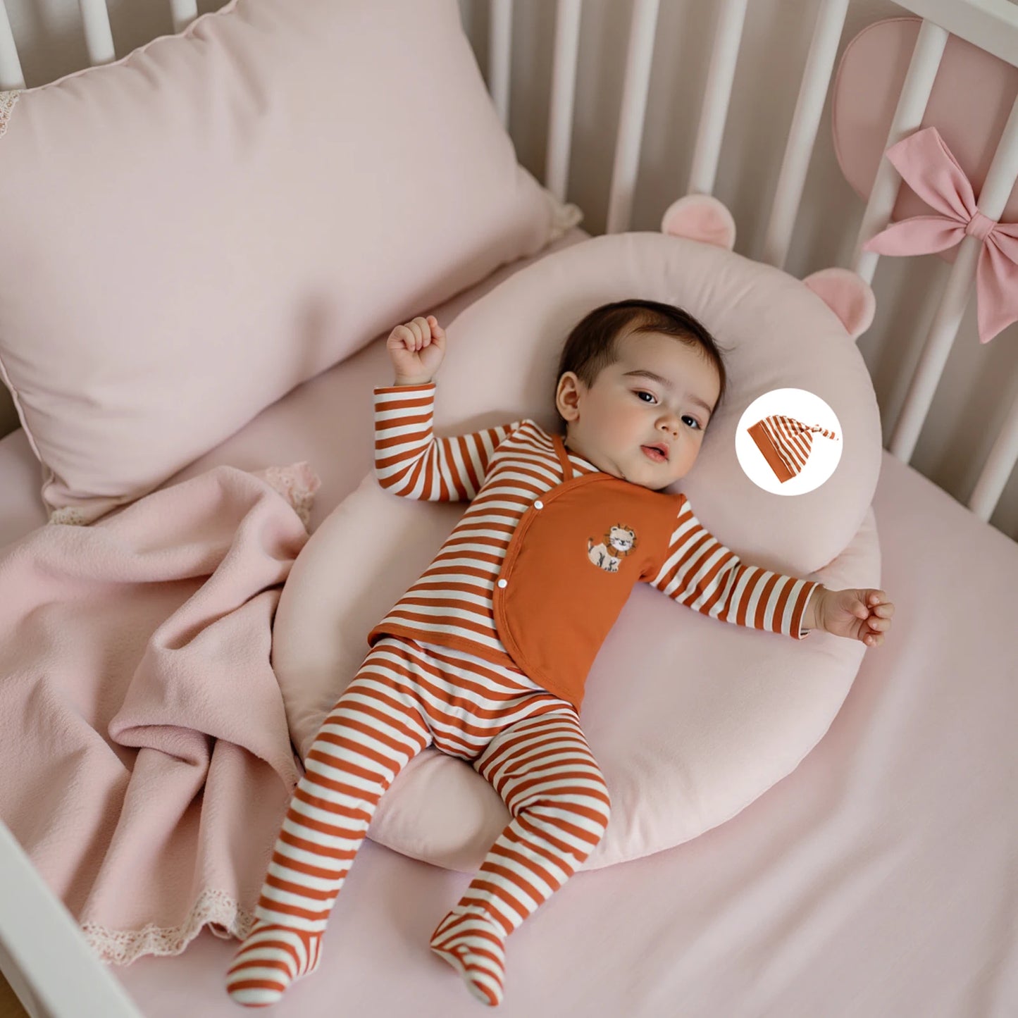 Baby Boys 3PCS Outfit Sets Long Sleeve Lion Embroidery Top Striped Pants Hat Set