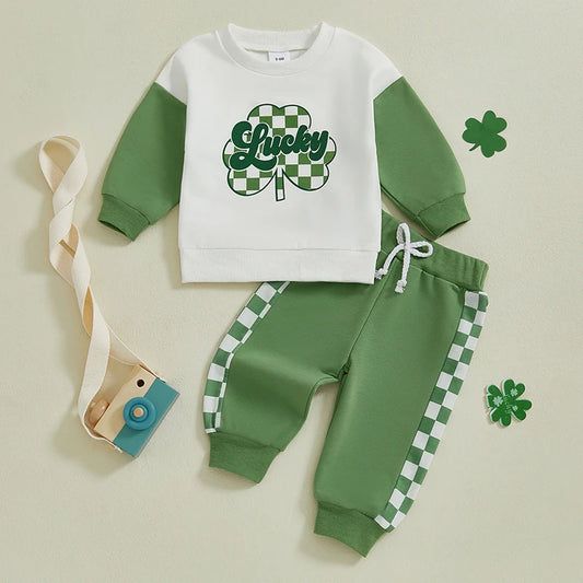 Baby Toddler Boys 2Pcs Lucky St. Patrick's Day Outfit Letter Checkered Long Sleeve Crewneck Top and Pants Jogger Set