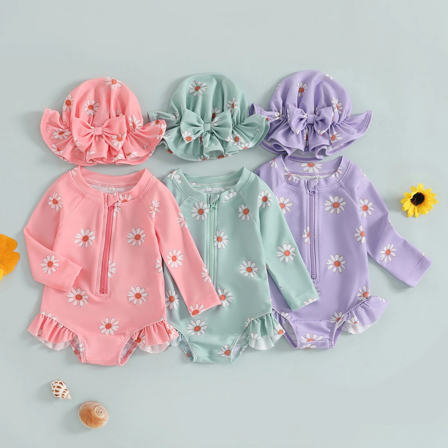 Baby Toddler Girls 2Pcs Swimsuit Daisy Flower Print Long Sleeve Round Neck Swimwear Front Zipper Bathing Suit and Hat Set