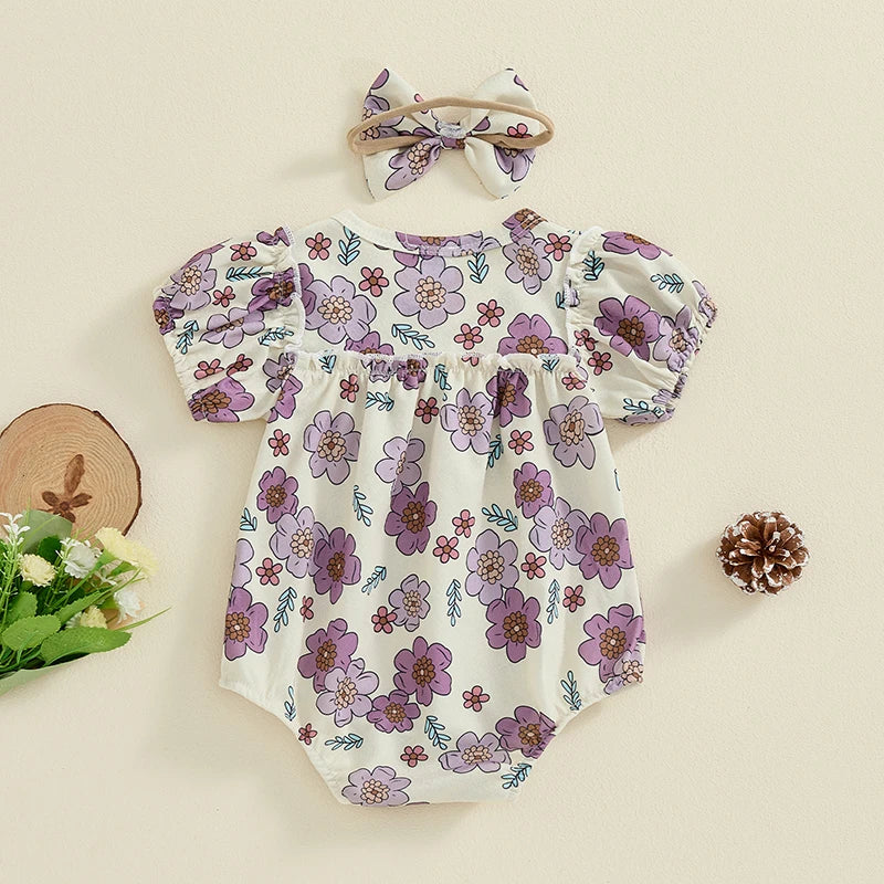 Baby Girls 2Pcs Outfit Short Sleeve Crew Neck Flower Print Bodysuit with Bow Headband Summer Clothes Set