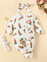 Load image into Gallery viewer, Baby Girl 2Pcs Easter Outfit Long Sleeve Carrot Print Ruffle Zipper Romper Crewneck Jumpsuit Bow Headband Set
