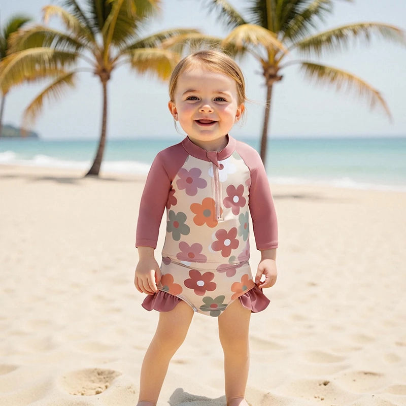 Baby Toddler Girls 2Pcs Summer Swimsuit Set Flower Bow Print Zip-up Rash Guard Long Sleeve Swim Top and Shorts Bathing Suit