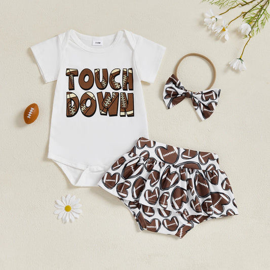Baby Girls 3Pcs Touch Down Outfit Football Letter Print Romper Skirted Shorts Skort and Headband Bow Set