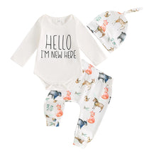 Load image into Gallery viewer, Baby Girls Boys 3Pcs Hello I&#39;m New Here Long Sleeve O Neck Romper Animals Print Pants Hat Set
