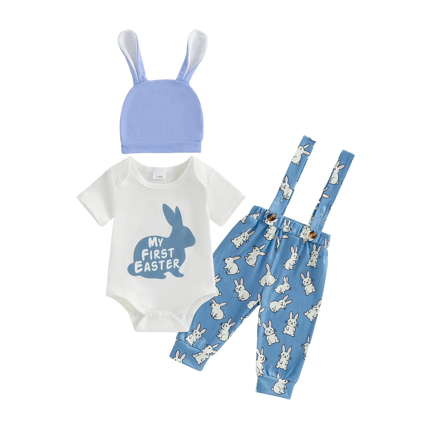 Baby Boy Girls 3Pcs Easter Outfits Cute Short Sleeve Round Neck Rabbit Letter My First Easter Print Jumpsuit Overalls and Hat Set