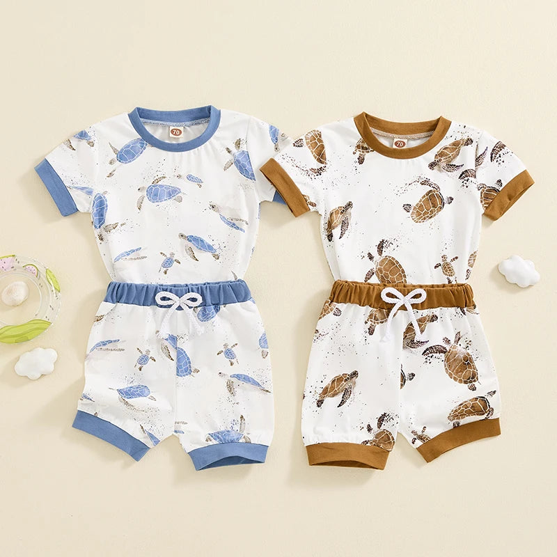 Baby Toddler Boys 2Pcs Summer Outfit Ocean Turtle Print Short Sleeve Top Elastic Waist Shorts Clothes Set