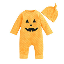 Load image into Gallery viewer, Baby Boy Girl 2Pcs Halloween Romper Flannel Jumpsuit Long Sleeve Pumpkin Face Print with Hat
