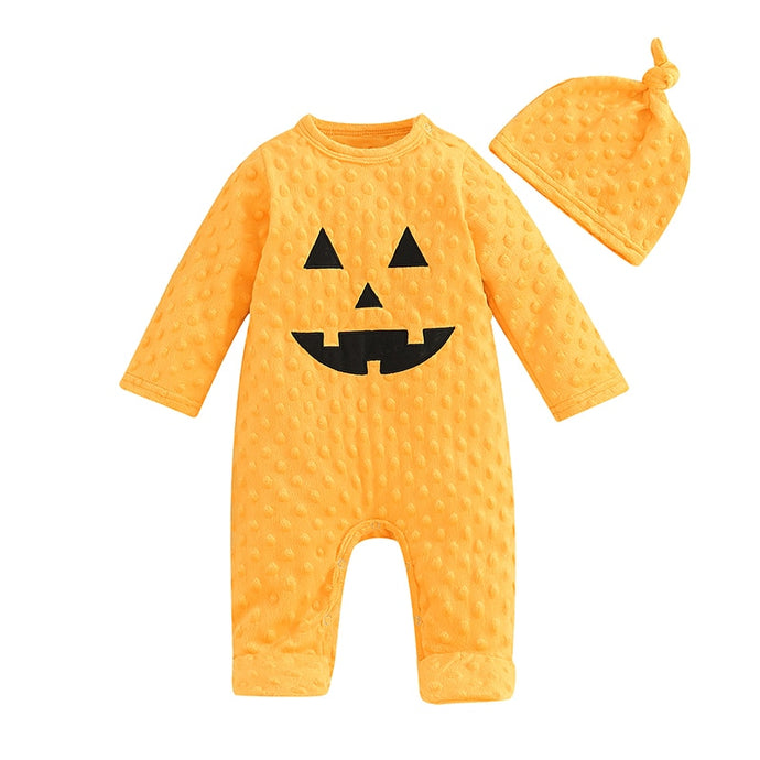 Baby Boy Girl 2Pcs Halloween Romper Flannel Jumpsuit Long Sleeve Pumpkin Face Print with Hat