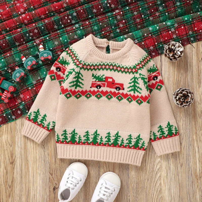 Baby Toddler Boy Girl Christmas Sweater Long Sleeve Round Neck Truck Tree Print Knit Pullover Top