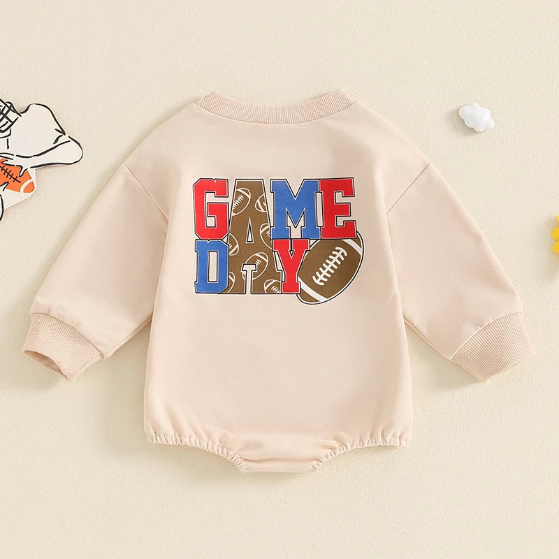 Baby Girl Boy Fall GAME DAY Bubble Romper Football Letter Print Long Sleeve Round Neck Jumpsuit