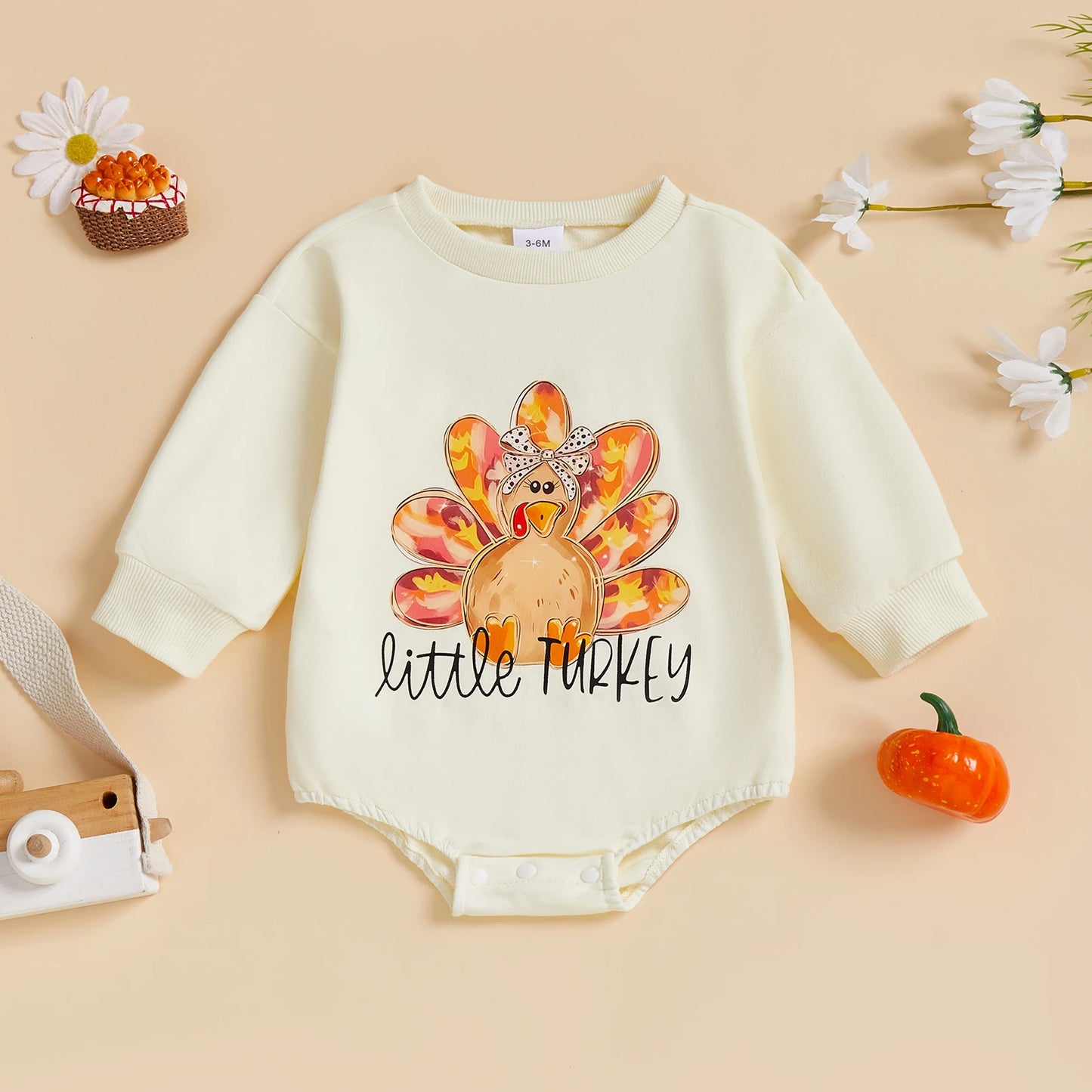 Baby Girls Romper Little Turkey / Mama's Little Pumpkin Long Sleeve Round Neck Pumpkin/Turkey Print Bodysuit Fall Thanksgiving Playsuit