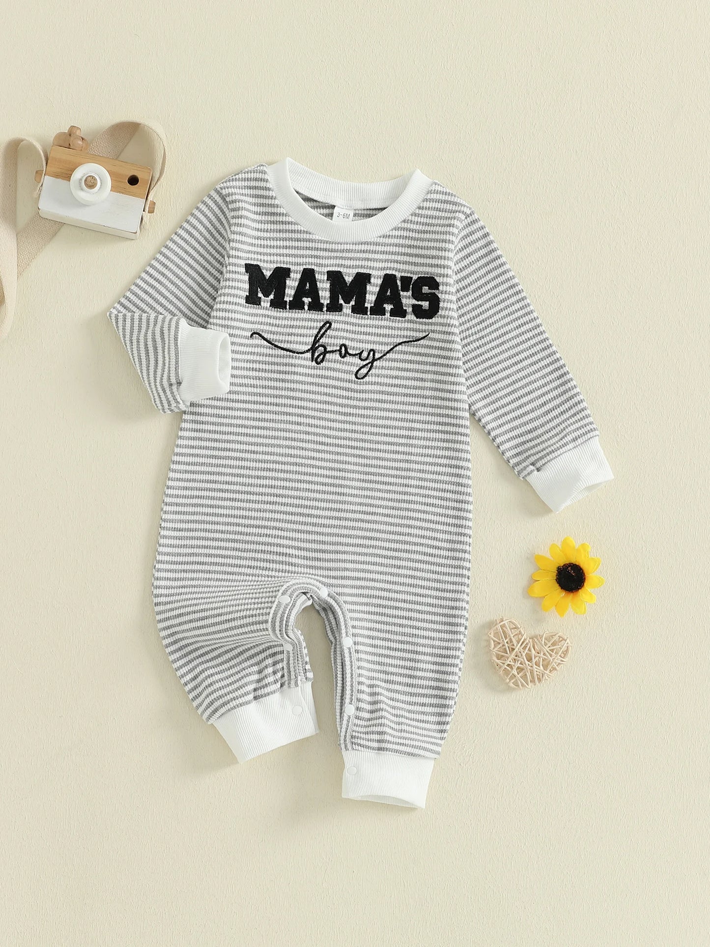 Baby Boys Mama's Boy Fall Romper Letter Embroidery Long Sleeve Round Neck Full Length Waffled Stripe Jumpsuit