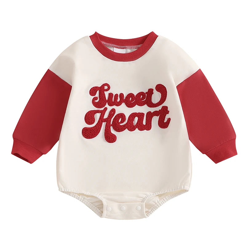 Baby Girls Boys Sweet Heart Valentine's Day Romper Long Sleeve O Neck Letter Embroidery Raglan Bubble Romper Valentines