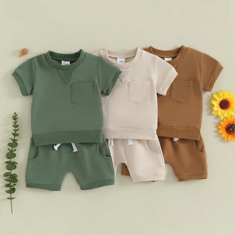 Baby Toddler Boy Girl 2Pcs Spring Summer Clothes Solid Color Short Sleeve O-Neck Top with Matching Shorts Set Outfit