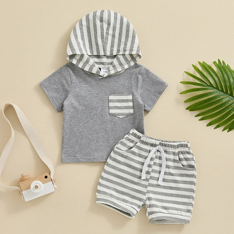 Toddler Baby Boy 2Pcs Summer Clothes Hooded Short Sleeve Top Stripes Shorts Hood Set Outfit