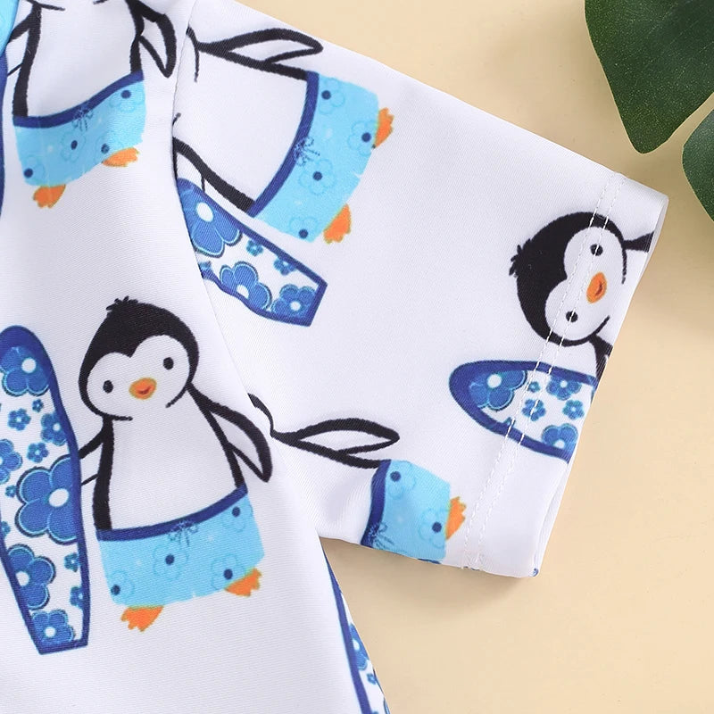 Baby Toddler Boy's Swimwear Short Sleeve Dinosaur Penguin Print Half Zip Up Rash Guard Bathing Suit